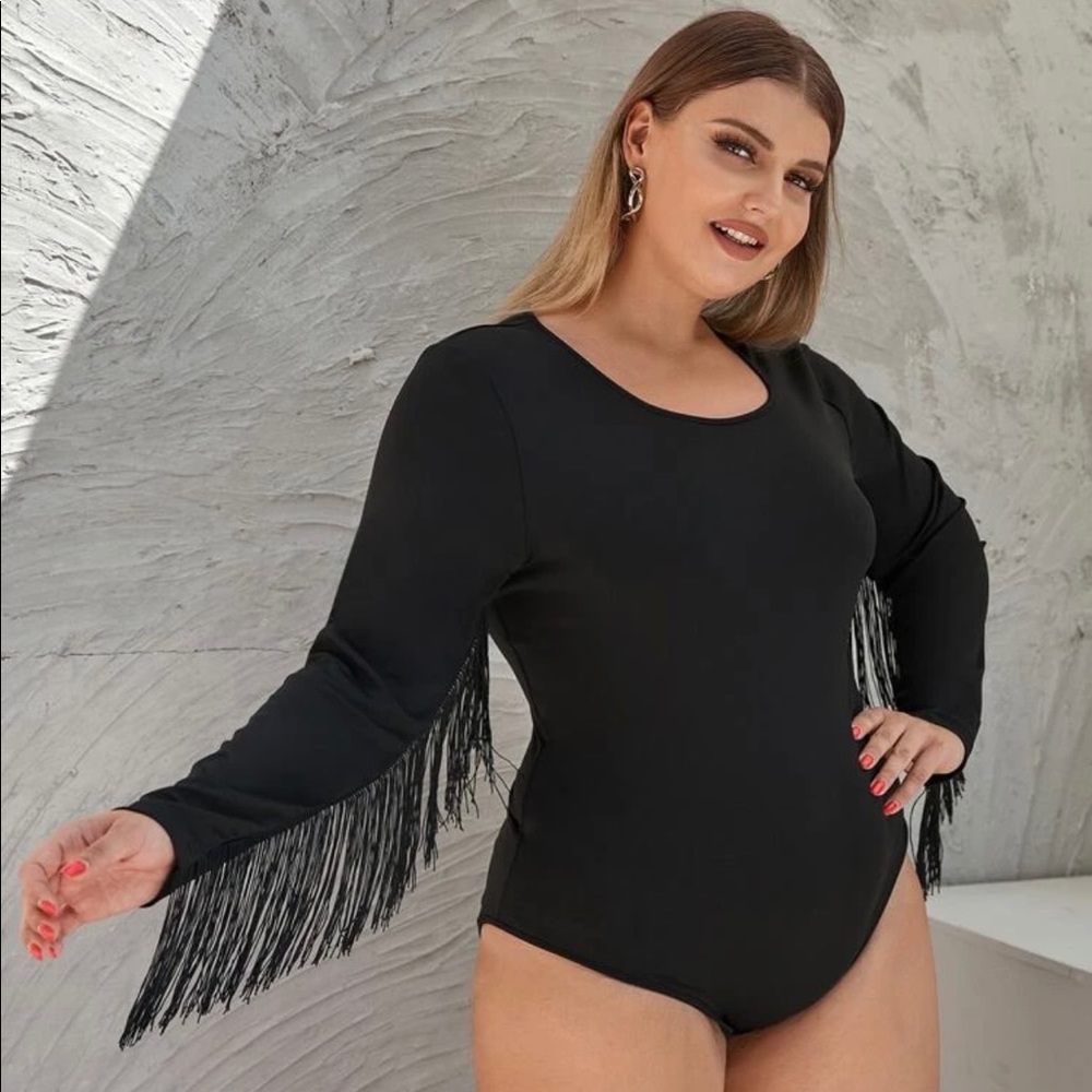 PLUS Solid Black Fringe Bodysuit NWOT